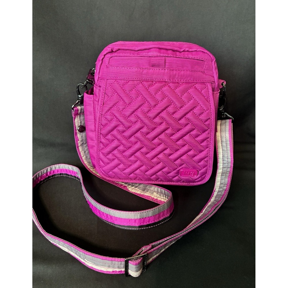LUG Purse Flapper Convertible Crossbody Bag Fuschia Pink Quilted Striped Strap